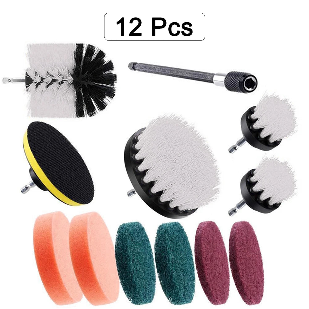 Electric Drill Brush Set, 12/4-Piece – Scrubbing and Cleaning Brushes for Household Tasks, Carpets, Glass, Cars, Bathrooms, Kitchens, and Toilets.